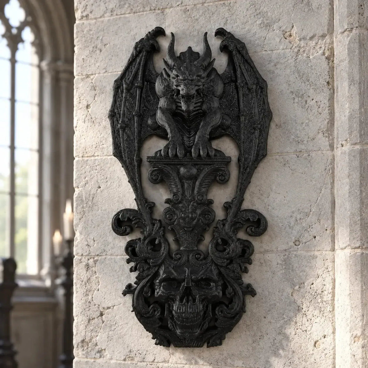 Gargoyle skull wall plaque front view with ornate scrollwork in a bright gothic room