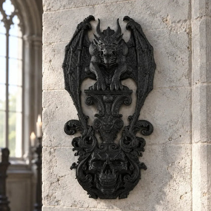 Gargoyle skull wall plaque front view with ornate scrollwork in a bright gothic room