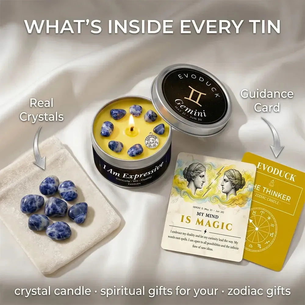 What's Inside Every Tin - Gemini Candle with real sodalite crystals and My Mind Is Magic The Thinker guidance card