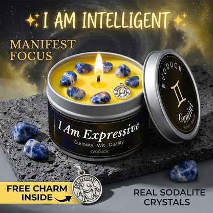 Gemini Candle I Am Expressive with sodalite crystal chunks and Gemini charm on stone - Manifest Focus, Real Sodalite Crystals, Free Charm Inside