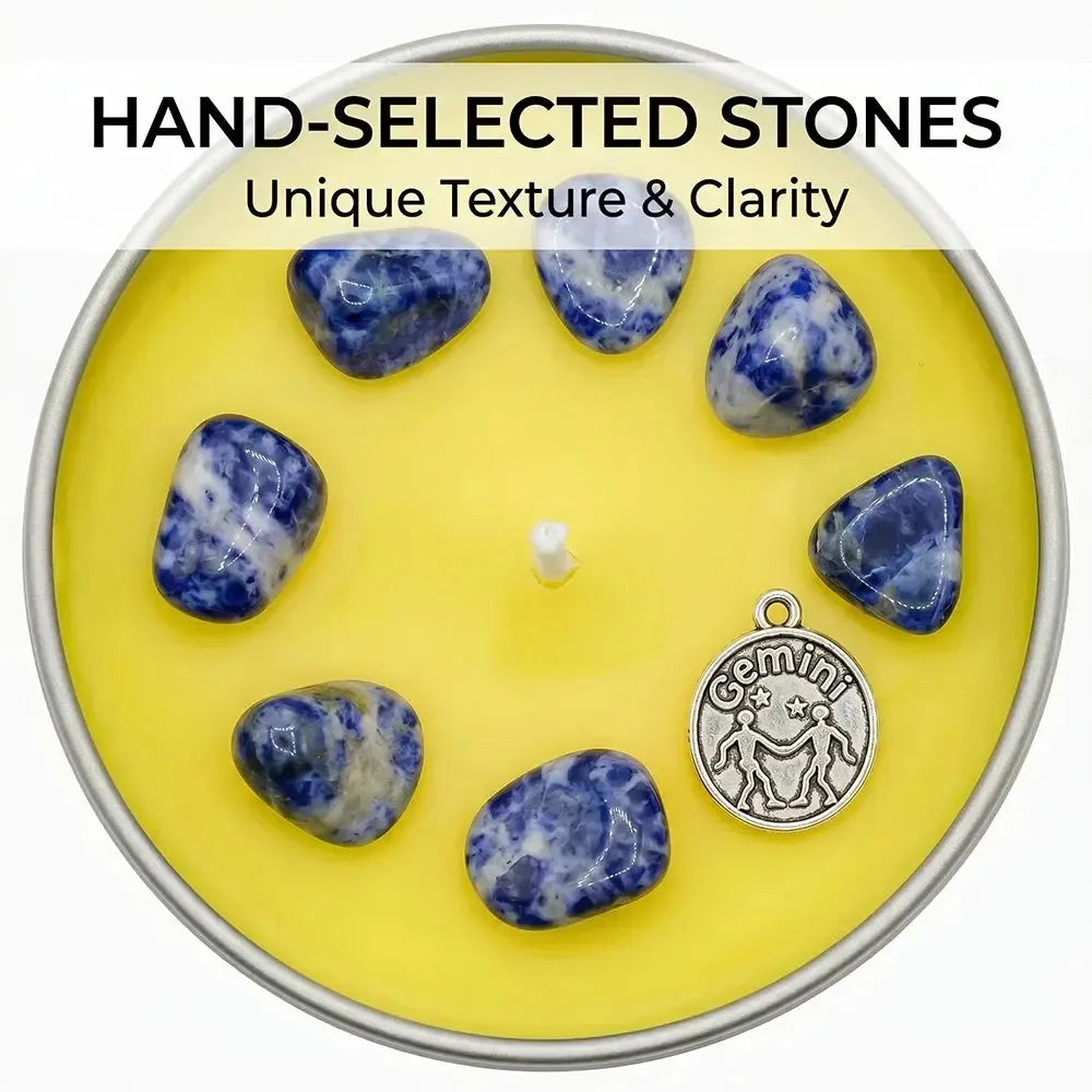 Close-up of Gemini Candle yellow wax with sodalite crystal chunks and a Gemini twins charm - Hand-Selected Stones, Unique Texture and Clarity