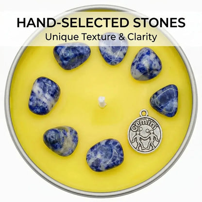 Close-up of Gemini Candle yellow wax with sodalite crystal chunks and a Gemini twins charm - Hand-Selected Stones, Unique Texture and Clarity
