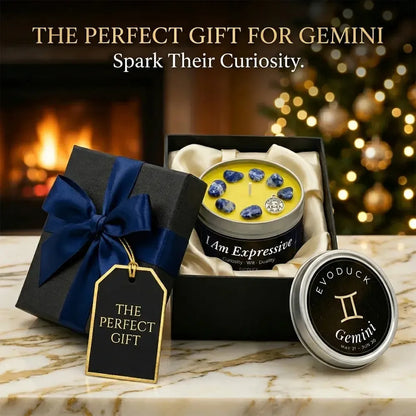 Gemini Candle gift box with navy ribbon and gift tag by a fireplace - The Perfect Gift for Gemini, Spark Their Curiosity