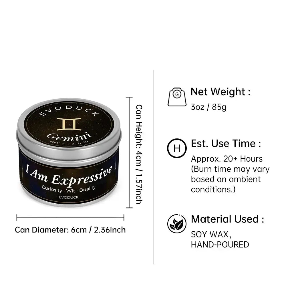 Gemini Candle size specifications infographic - 3oz soy wax candle, 20 hour burn time, hand-poured