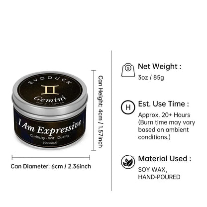 Gemini Candle size specifications infographic - 3oz soy wax candle, 20 hour burn time, hand-poured