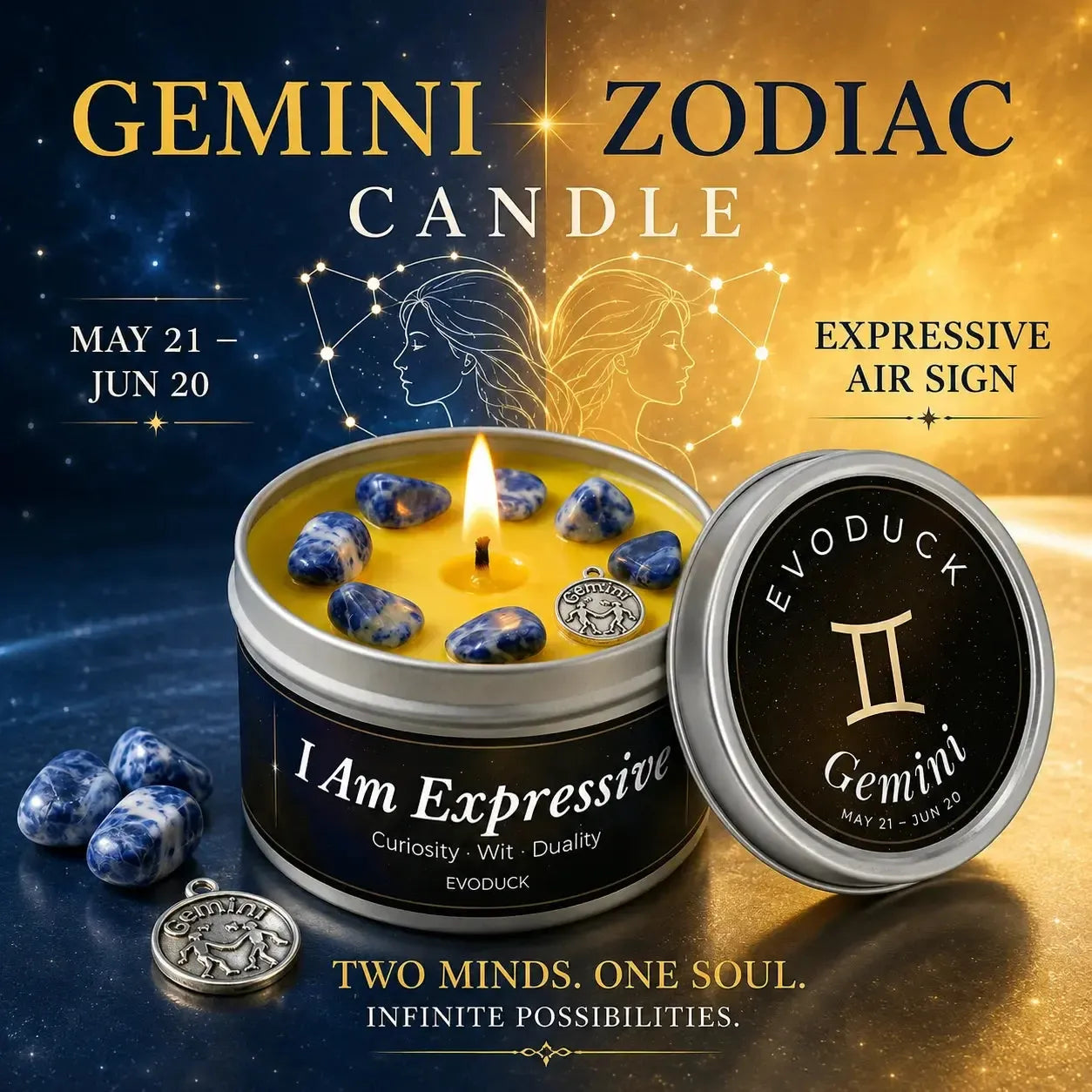 Gemini Zodiac Candle I Am Expressive with sodalite crystals and Gemini charm - Expressive Air Sign, Two Minds One Soul, Infinite Possibilities