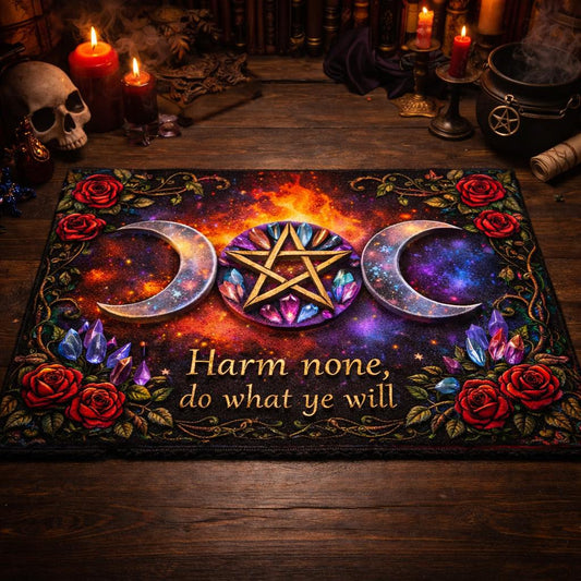 Black doormat with a vibrant galaxy background, triple moon, pentagram, red roses, crystals, and "Harm none, do what ye will" text.