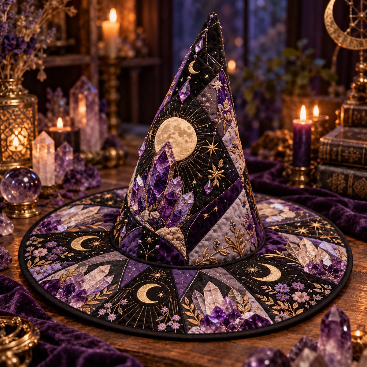 Geode Moon Quilted Witch Hat – Amethyst Crystal Wiccan Brim Hat – styled with candles and crystals