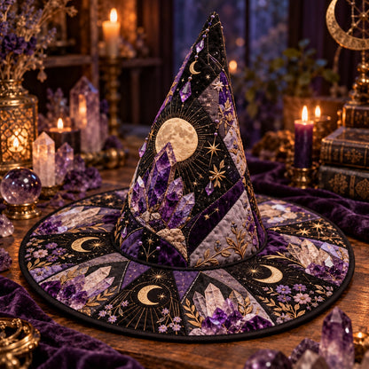 Geode Moon Quilted Witch Hat – Amethyst Crystal Wiccan Brim Hat – styled with candles and crystals