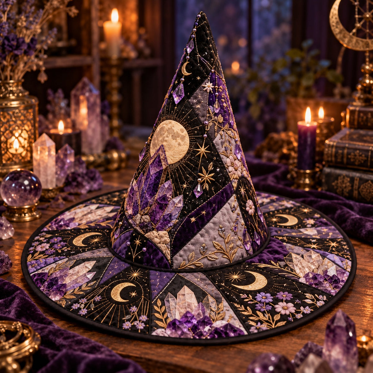 Geode Moon Quilted Witch Hat – Amethyst Crystal Wiccan Brim Hat – styled with candles and crystals