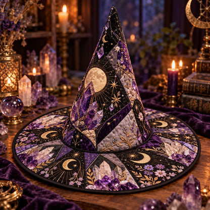 Geode Moon Quilted Witch Hat – Amethyst Crystal Wiccan Brim Hat – styled with candles and crystals