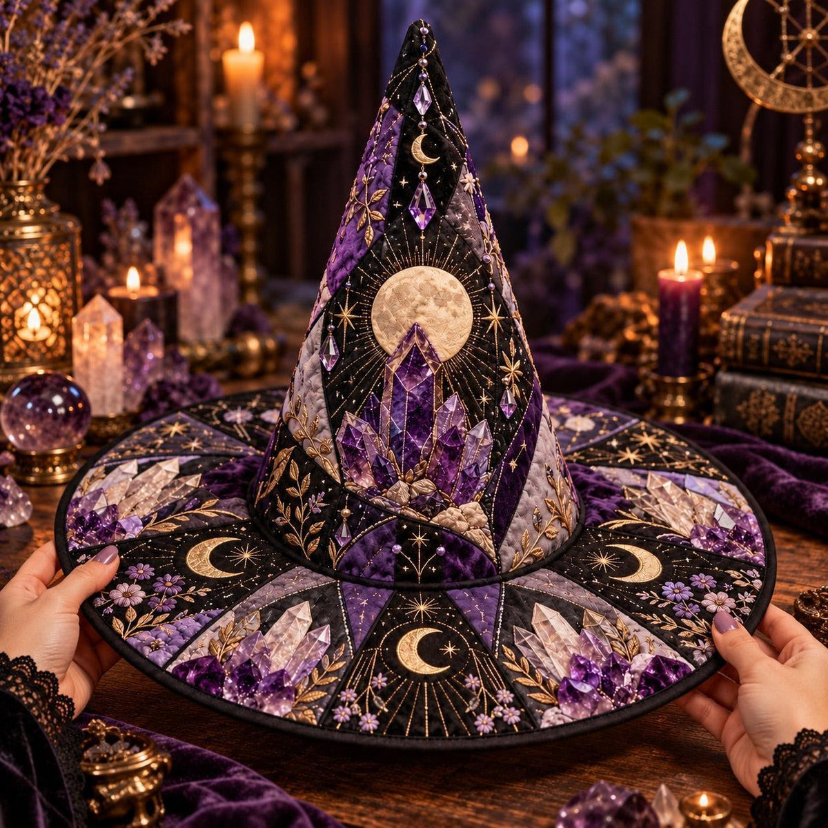 Geode Moon Quilted Witch Hat – Amethyst Crystal Wiccan Brim Hat – held in both hands
