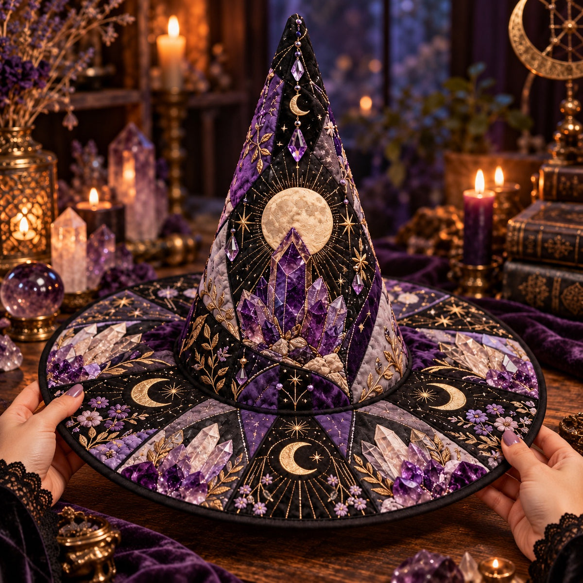 Geode Moon Quilted Witch Hat – Amethyst Crystal Wiccan Brim Hat – held in both hands