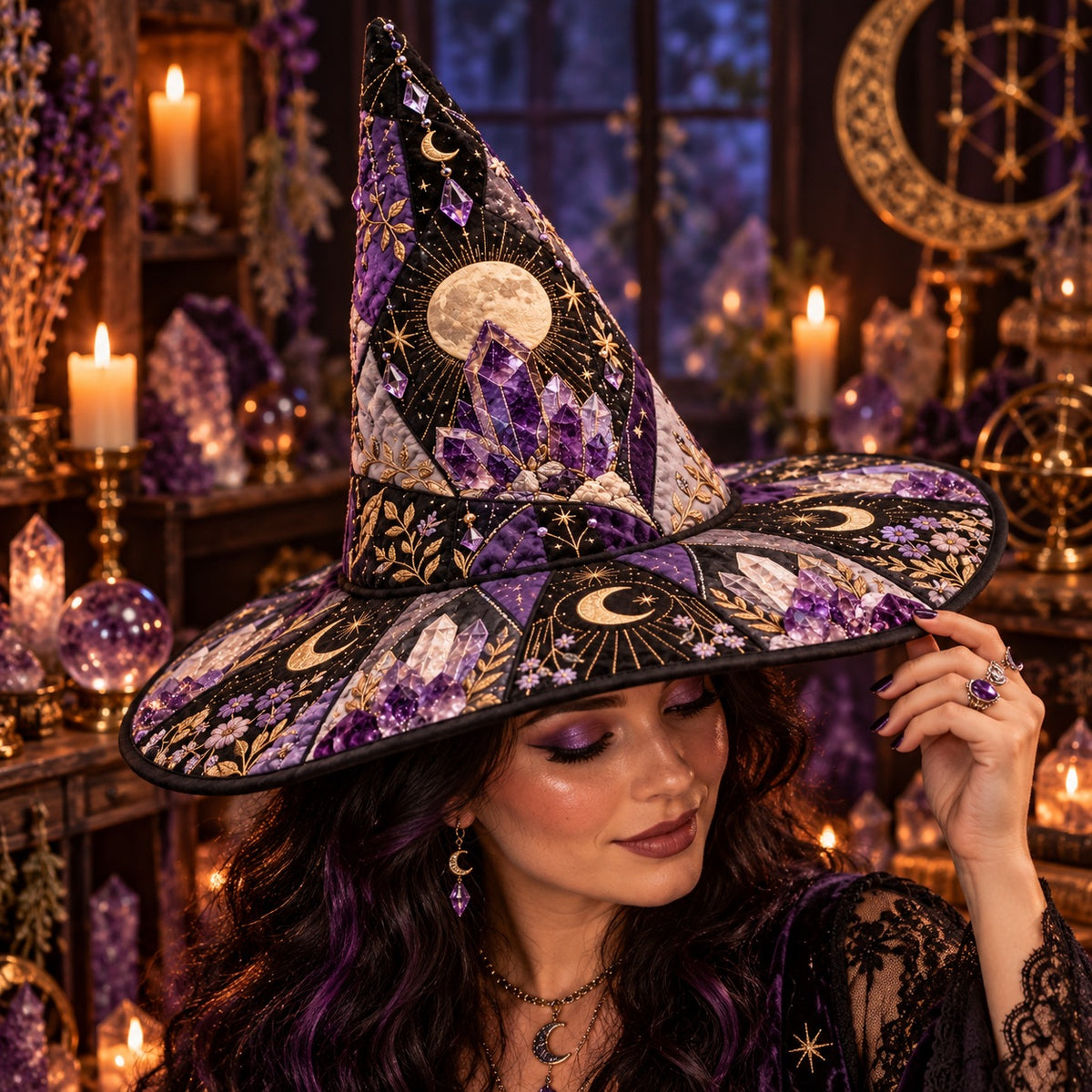 Geode Moon Quilted Witch Hat – Amethyst Crystal Wiccan Brim Hat – worn by a model
