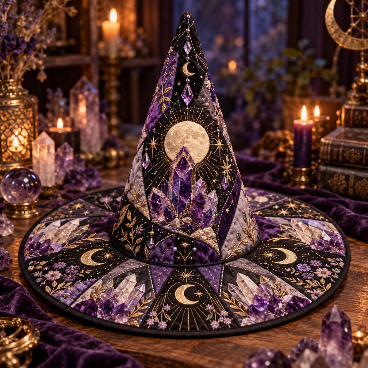 Geode Moon Quilted Witch Hat – Amethyst Crystal Wiccan Brim Hat – styled with candles and crystals
