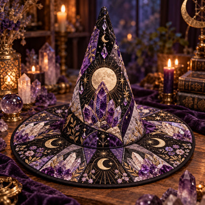 Geode Moon Quilted Witch Hat – Amethyst Crystal Wiccan Brim Hat – styled with candles and crystals