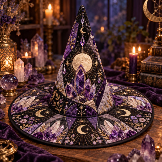 Geode Moon Quilted Witch Hat – Amethyst Crystal Wiccan Brim Hat – styled with candles and crystals