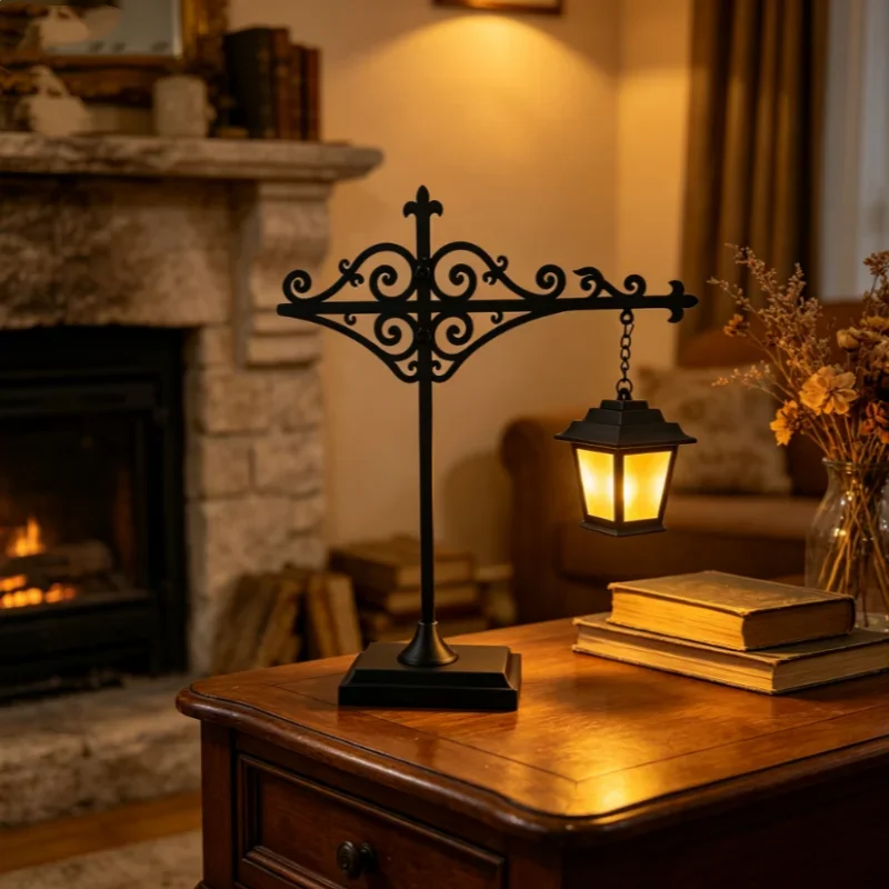 Mini lantern lamp on side table with dried flowers near fireplace