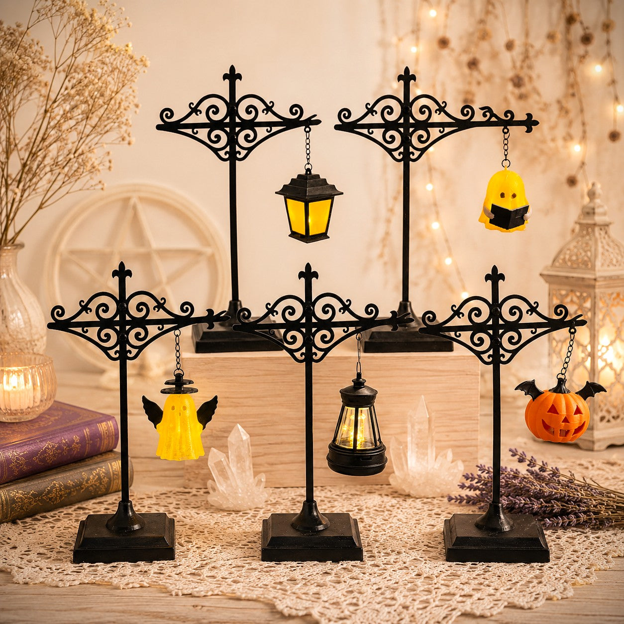 Halloween mini bookshelf lanterns collection - ghost pumpkin and lantern style options