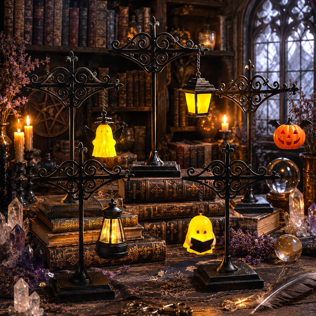 Halloween mini bookshelf lanterns glowing among stacked books in dark academia library scene