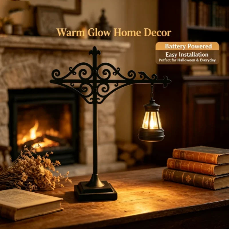 Battery powered mini lantern lamp on desk by fireplace with old books