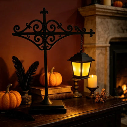 Mini lantern lamp on mantel with pumpkins books and candle autumn decor