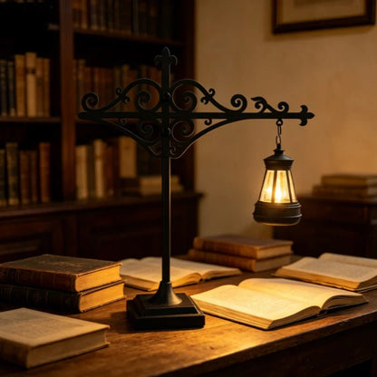 Mini lantern lamp glowing on library desk with open books