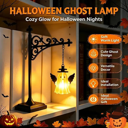 Halloween ghost lantern hanging lamp hero banner with warm glow and feature icons