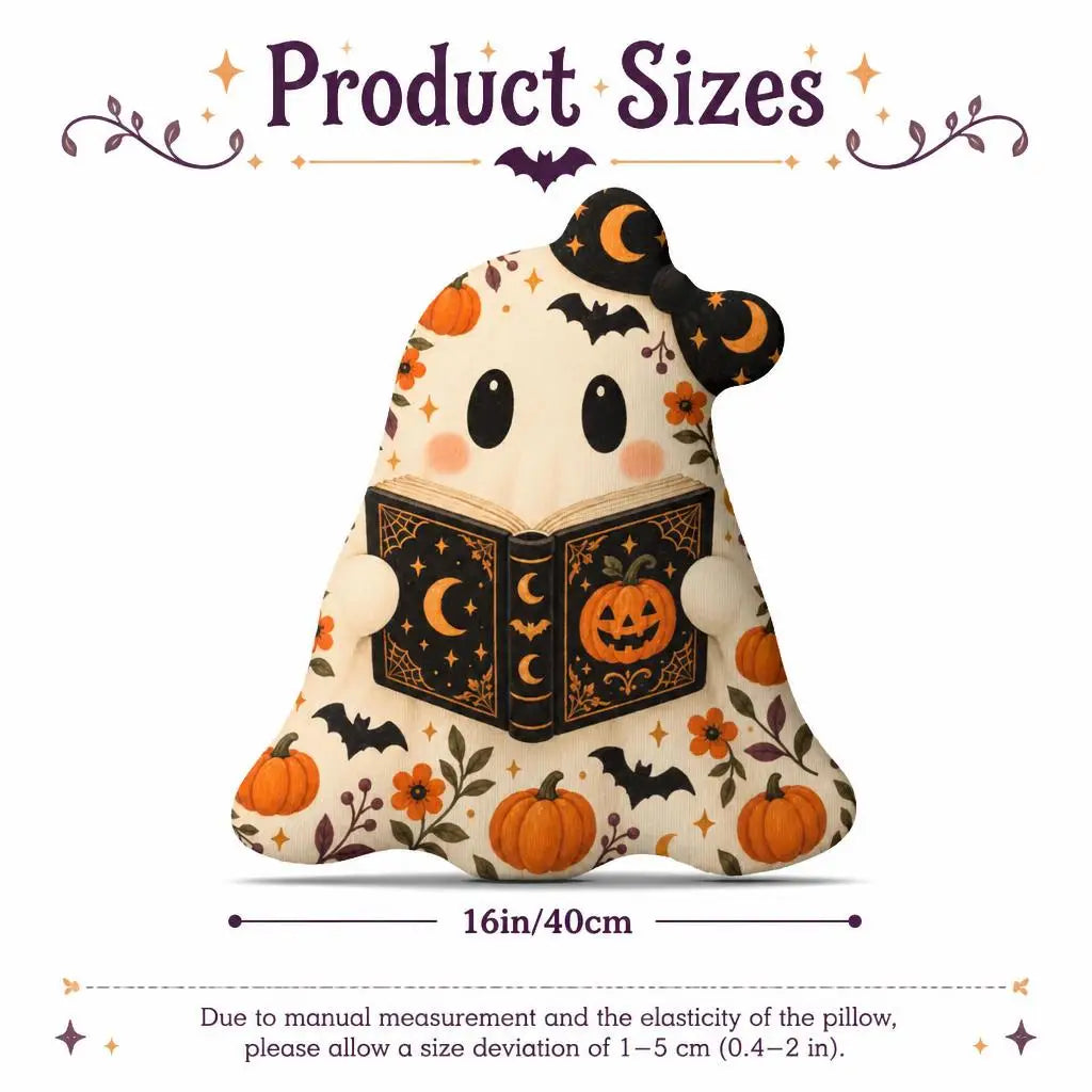 Size guide showing 16 inch / 40 cm: decorative plush pillow featuring bookworm ghost illustration