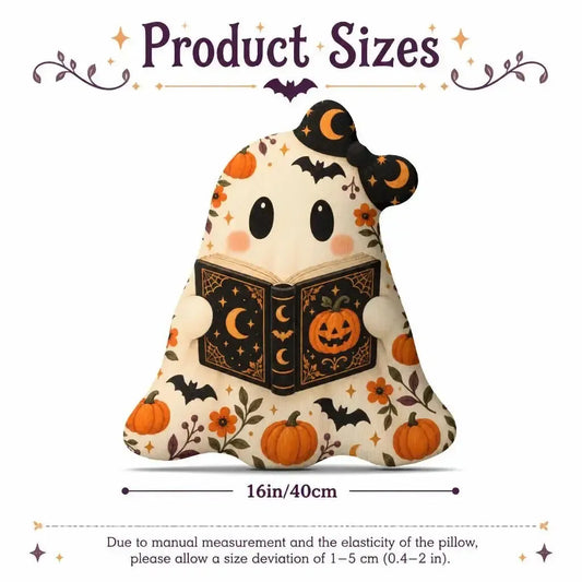 Size guide showing 16 inch / 40 cm: decorative plush pillow featuring bookworm ghost illustration