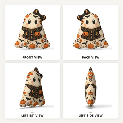 Front, back and side views: decorative plush pillow featuring bookworm ghost illustration