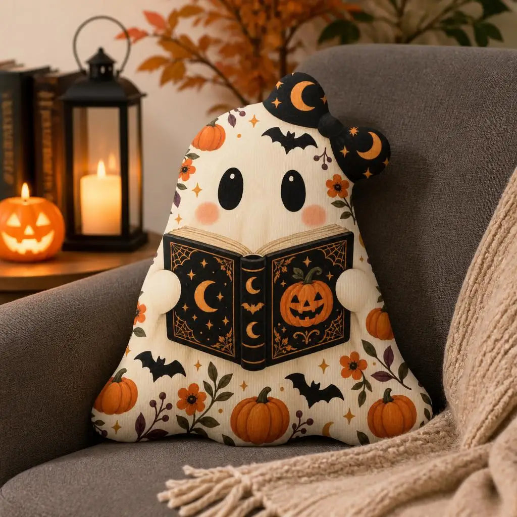 Styled room view: decorative plush pillow featuring bookworm ghost illustration