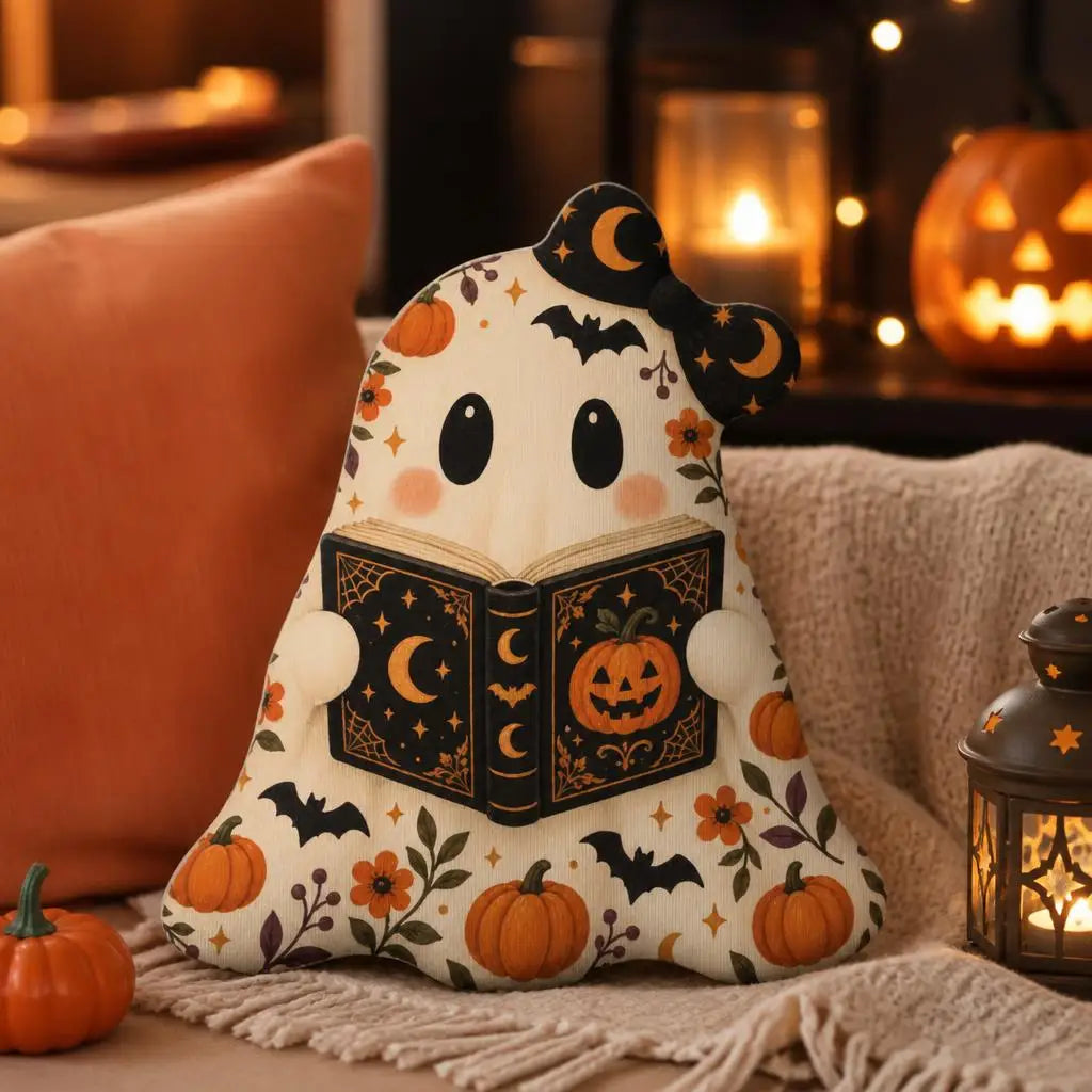 Alternate styled room view: decorative plush pillow featuring bookworm ghost illustration