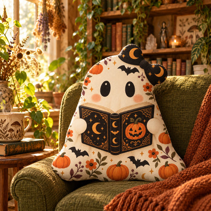 Ghost Bookworm Throw Pillow in a witchy reading room