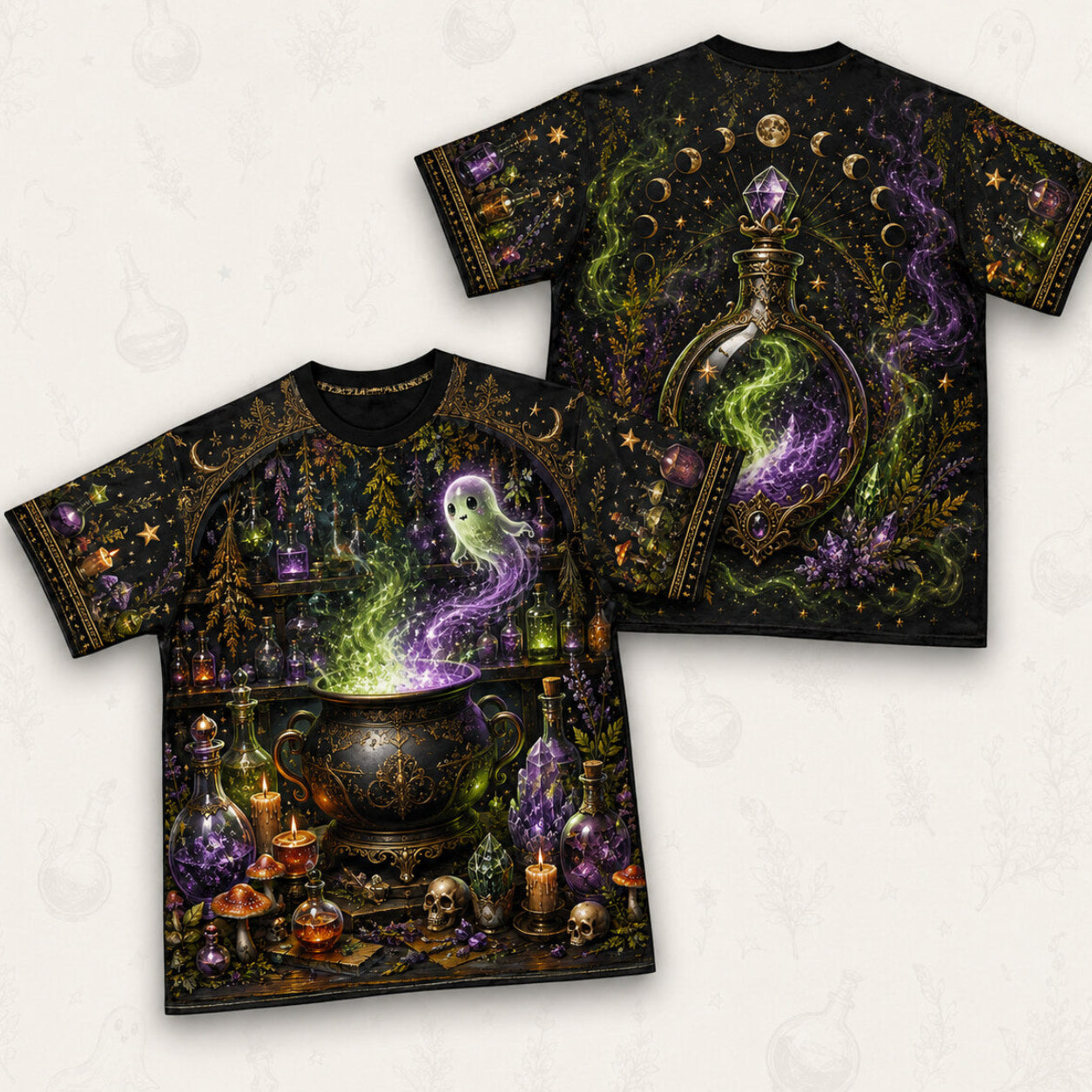 Ghost Cauldron Potion T-Shirt Skull Apothecary Halloween Tee front and back together