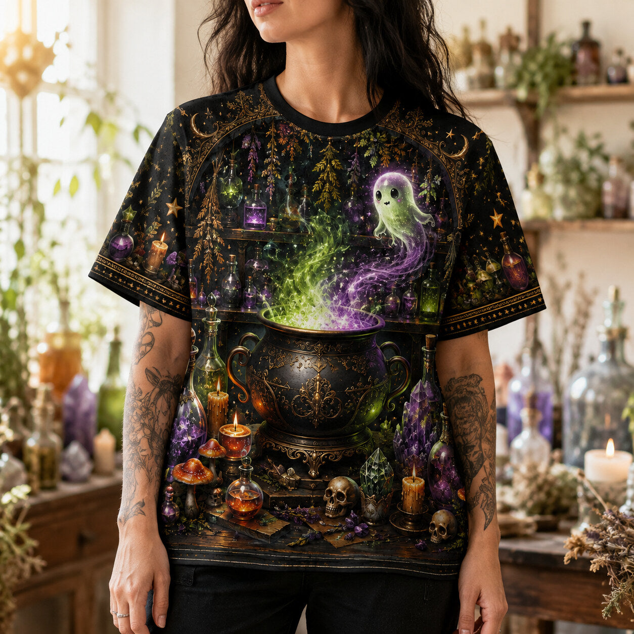 Ghost Cauldron Potion T-Shirt Skull Apothecary Halloween Tee worn, front view