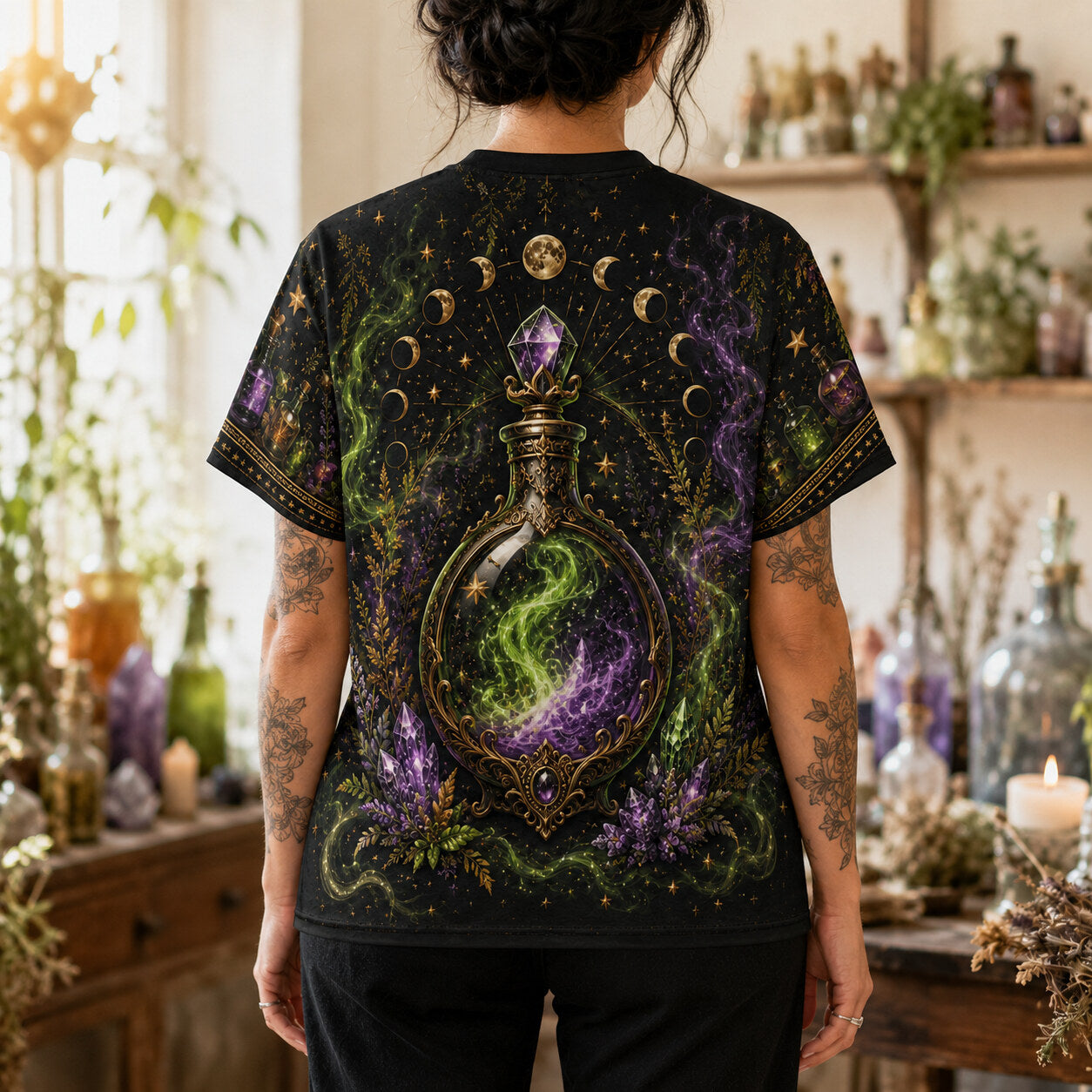 Ghost Cauldron Potion T-Shirt Skull Apothecary Halloween Tee worn, back view