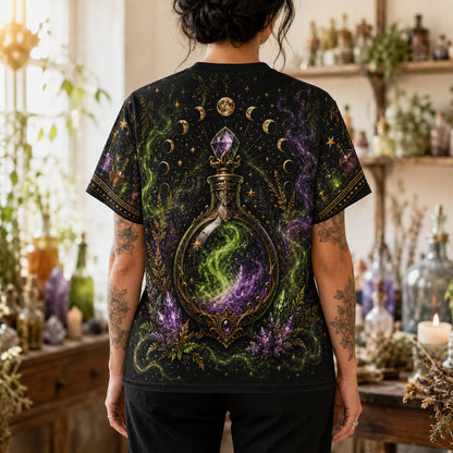 Ghost Cauldron Potion T-Shirt Skull Apothecary Halloween Tee worn, back view