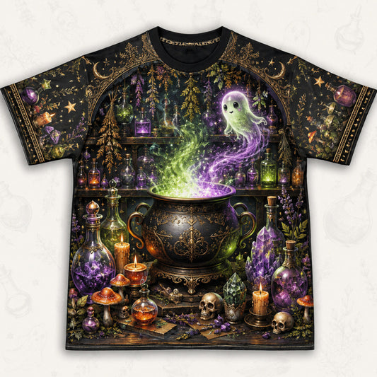 Ghost Cauldron Potion T-Shirt Skull Apothecary Halloween Tee front view