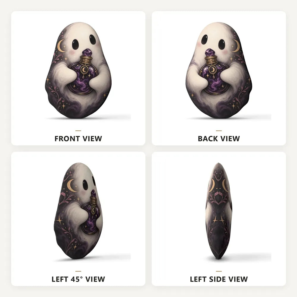 Front, back and side views: decorative plush pillow featuring ghost and crystal-ball artwork