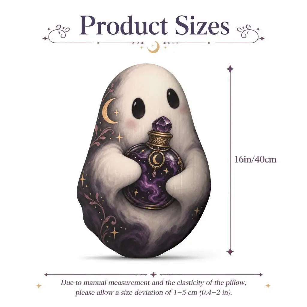 Size guide showing 16 inch / 40 cm: decorative plush pillow featuring ghost and crystal-ball artwork