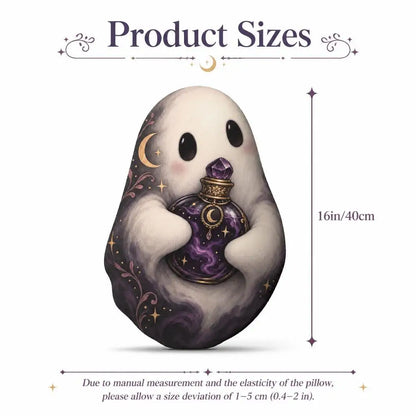 Size guide showing 16 inch / 40 cm: decorative plush pillow featuring ghost and crystal-ball artwork