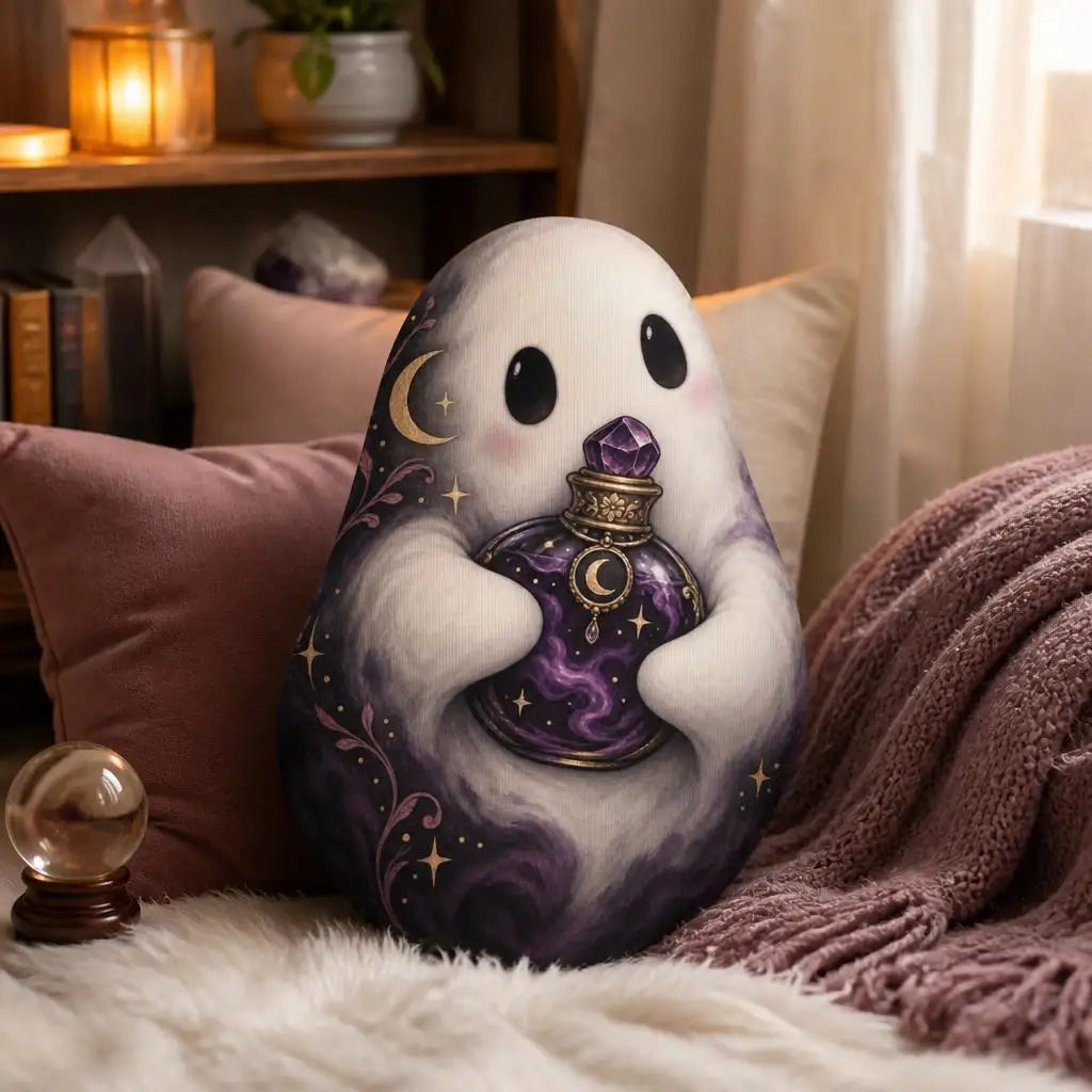 Alternate styled room view: decorative plush pillow featuring ghost and crystal-ball artwork