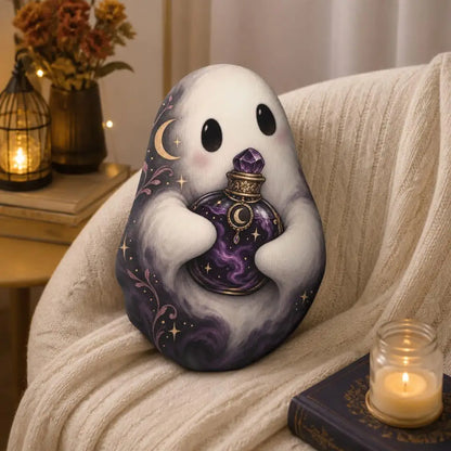 Styled room view: decorative plush pillow featuring ghost and crystal-ball artwork