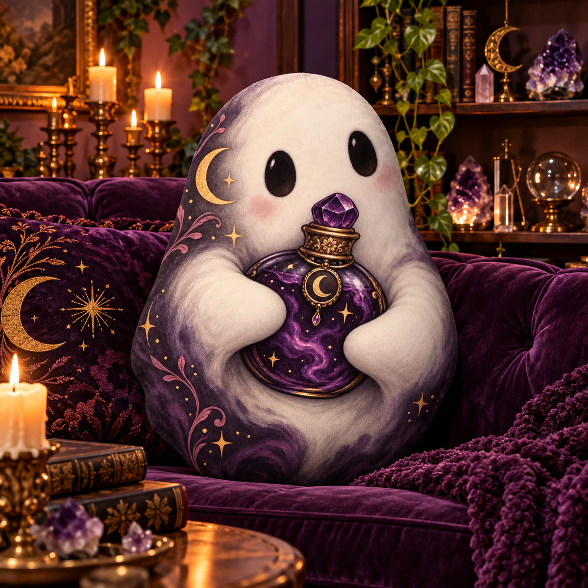 Ghost Crystal Ball Plush Pillow in a witchy reading room