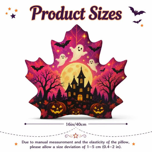 Size guide showing 16 inch / 40 cm: decorative plush pillow featuring maple leaf with ghost, haunted house and jack-o-lantern artwork