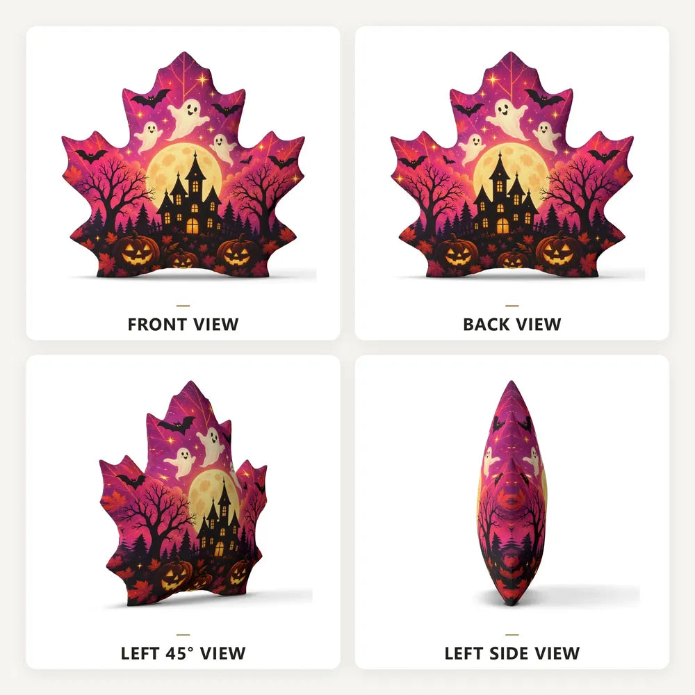 Front, back and side views: decorative plush pillow featuring maple leaf with ghost, haunted house and jack-o-lantern artwork