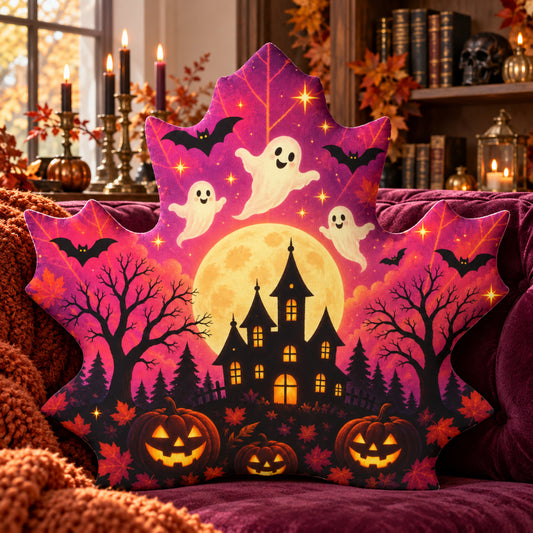Ghost Haunted House Maple Leaf Pillow in a witchy room