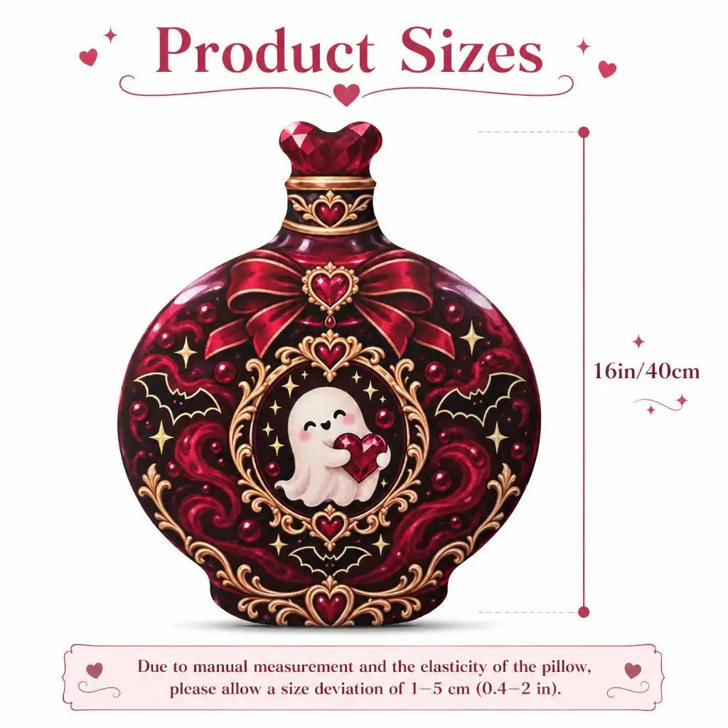 Size guide showing 16 inch / 40 cm: decorative plush pillow featuring ornate heart potion bottle with ghost artwork