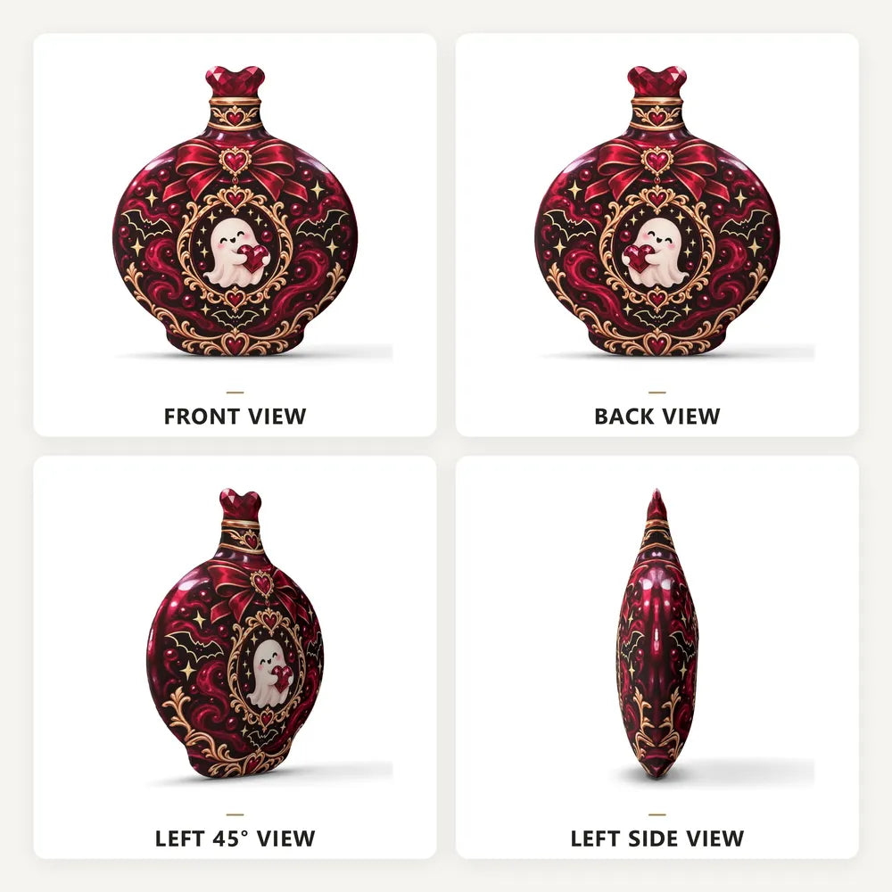 Front, back and side views: decorative plush pillow featuring ornate heart potion bottle with ghost artwork